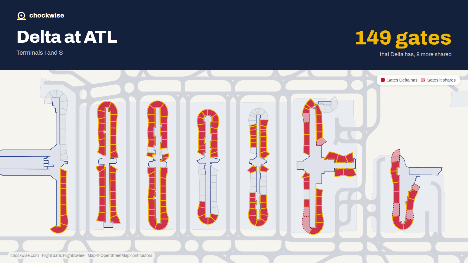 Map of ATL with the gates Delta Air Lines uses highlighted: A1, B1, C1, D1, D1A, E1, F1, T1 and 138 more.