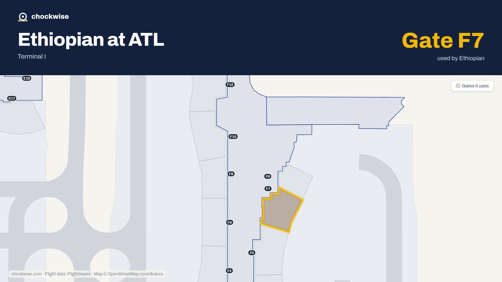 Map of ATL with the gates Ethiopian Airlines uses highlighted: F7.