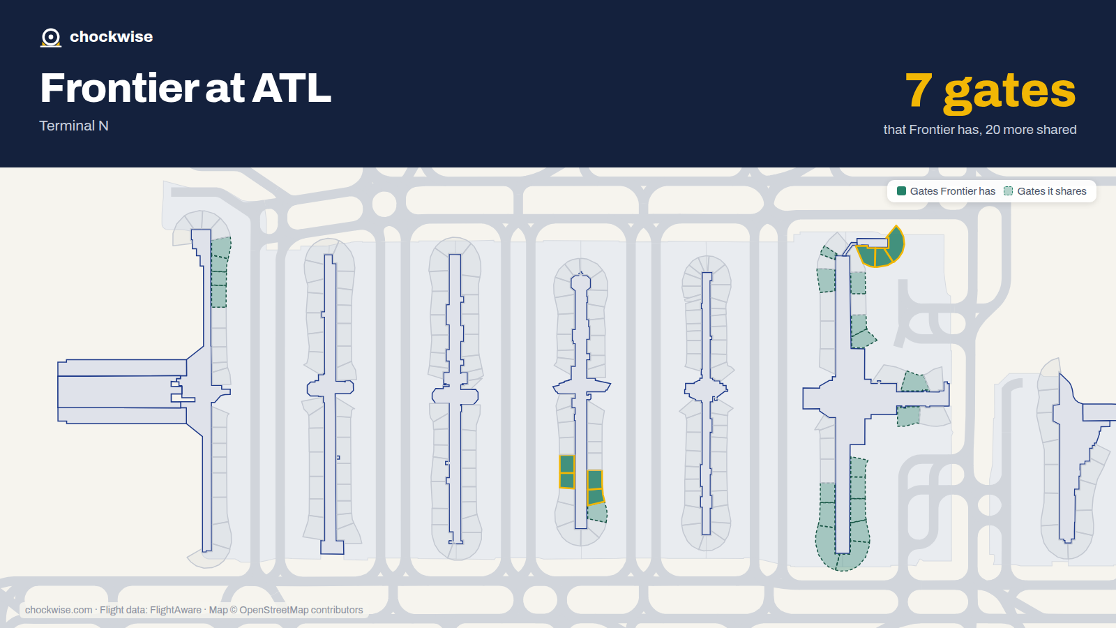Map of ATL with the gates Frontier Airlines uses highlighted: C7, C9, C10, C12, E40, E41 and E42.