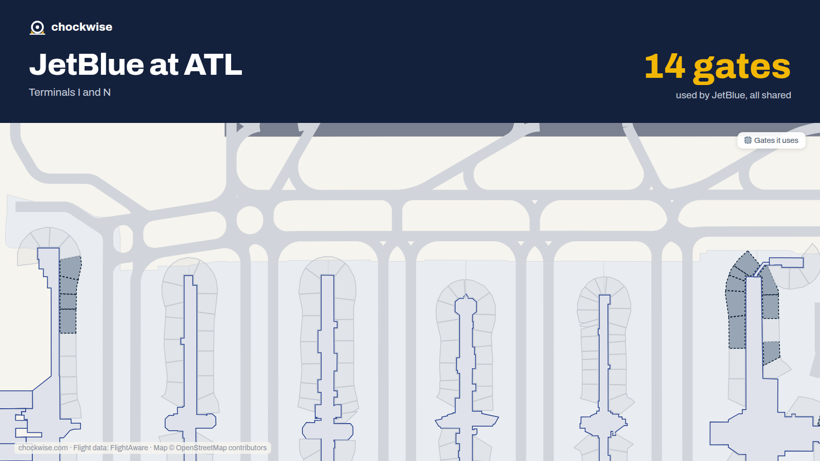 Map of ATL with the gates JetBlue uses highlighted: E5, T14, T15, E16, T16, T17, E29, E30 and 6 more.