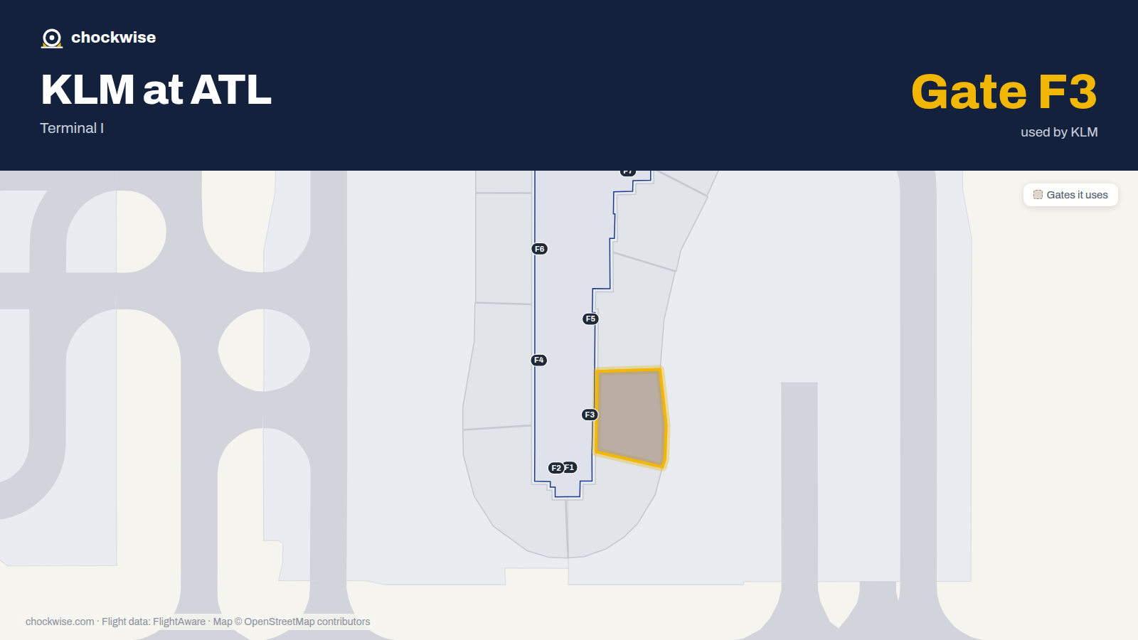 Map of ATL with the gates KLM uses highlighted: F3.