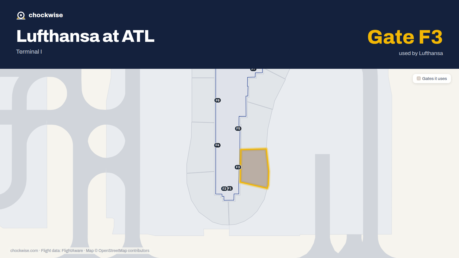 Map of ATL with the gates Lufthansa uses highlighted: F3.