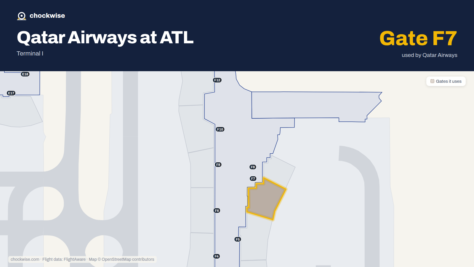 Map of ATL with the gates Qatar Airways uses highlighted: F7.