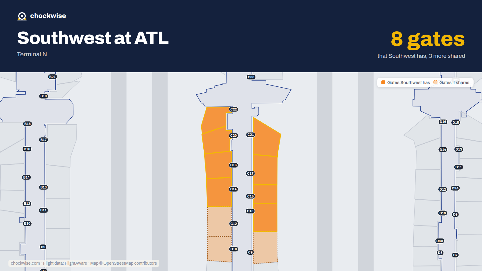 Map of ATL with the gates Southwest Airlines uses highlighted: C13, C14, C15, C16, C17, C20, C21 and C22.