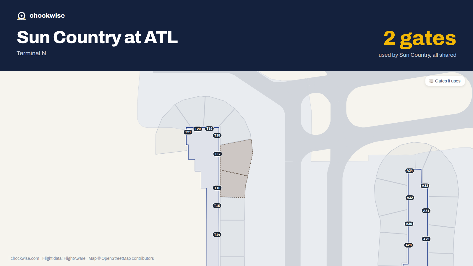 Map of ATL with the gates Sun Country Airlines uses highlighted: T16 and T17.
