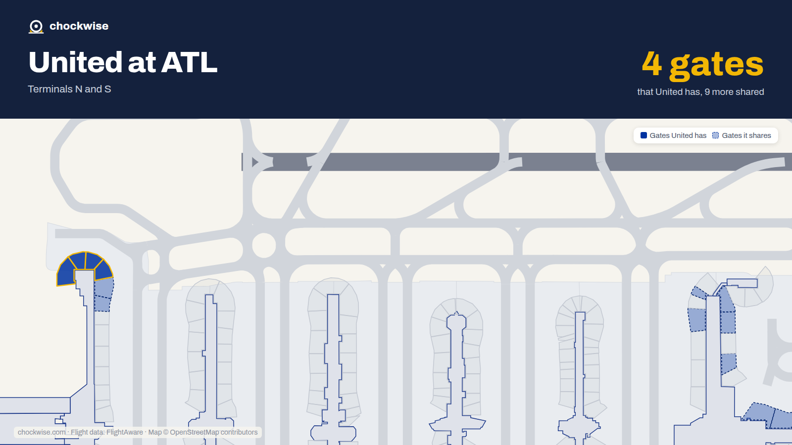 Map of ATL with the gates United Airlines uses highlighted: T18, T19, T20 and T21.