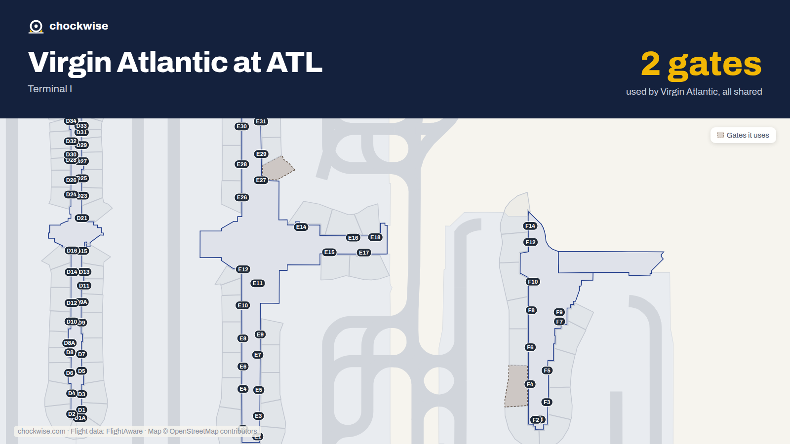 Map of ATL with the gates Virgin Atlantic uses highlighted: F4 and E27.