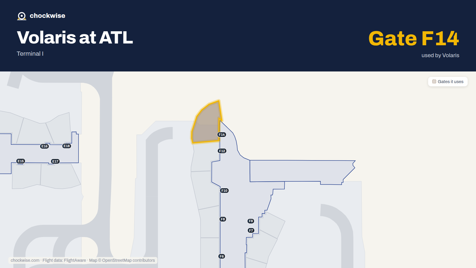 Map of ATL with the gates Volaris uses highlighted: F14.