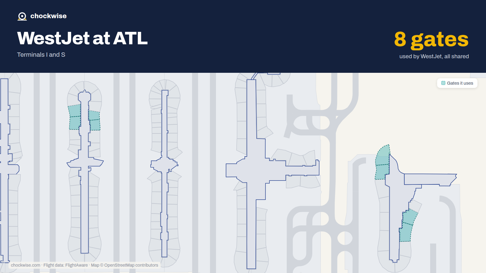 Map of ATL with the gates WestJet uses highlighted: F5, F7, F12, F14, C40, C41, C42 and C43.