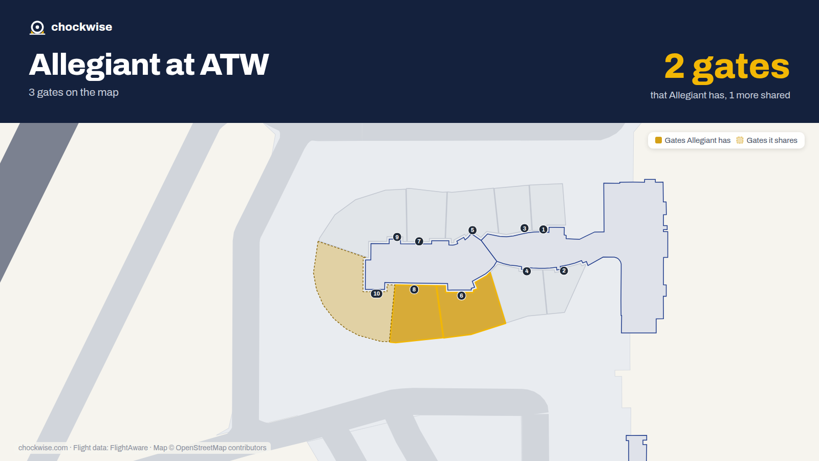 Map of ATW with the gates Allegiant Air uses highlighted: 6 and 8.