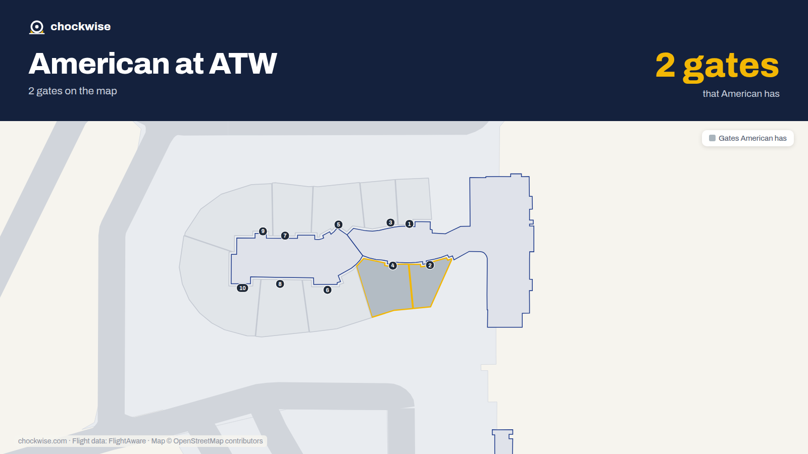 Map of ATW with the gates American Airlines uses highlighted: 2 and 4.