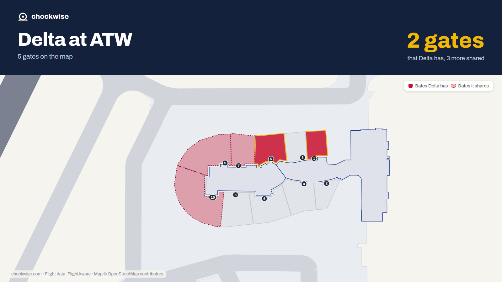 Map of ATW with the gates Delta Air Lines uses highlighted: 1 and 5.