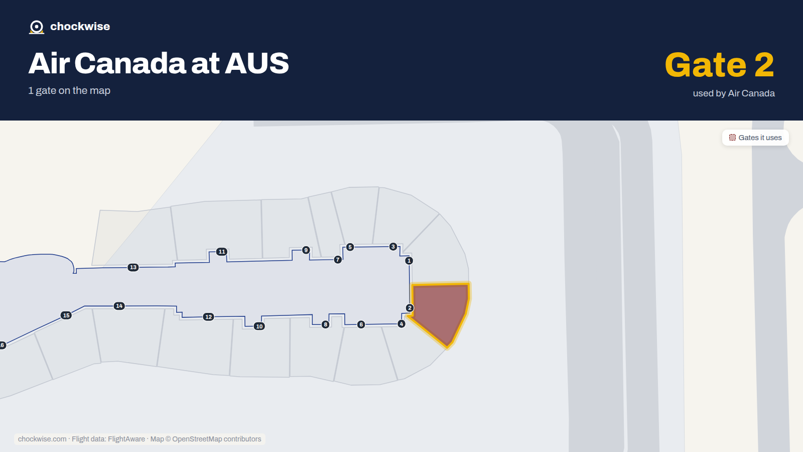 Map of AUS with the gates Air Canada uses highlighted: 2.