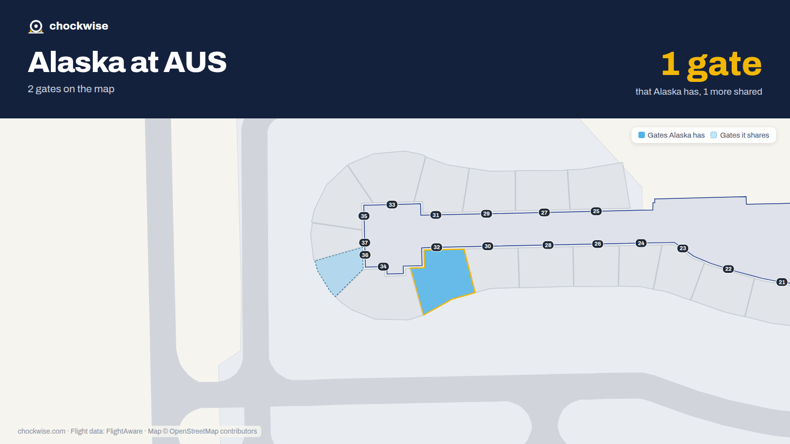 Map of AUS with the gates Alaska Airlines uses highlighted: 32.