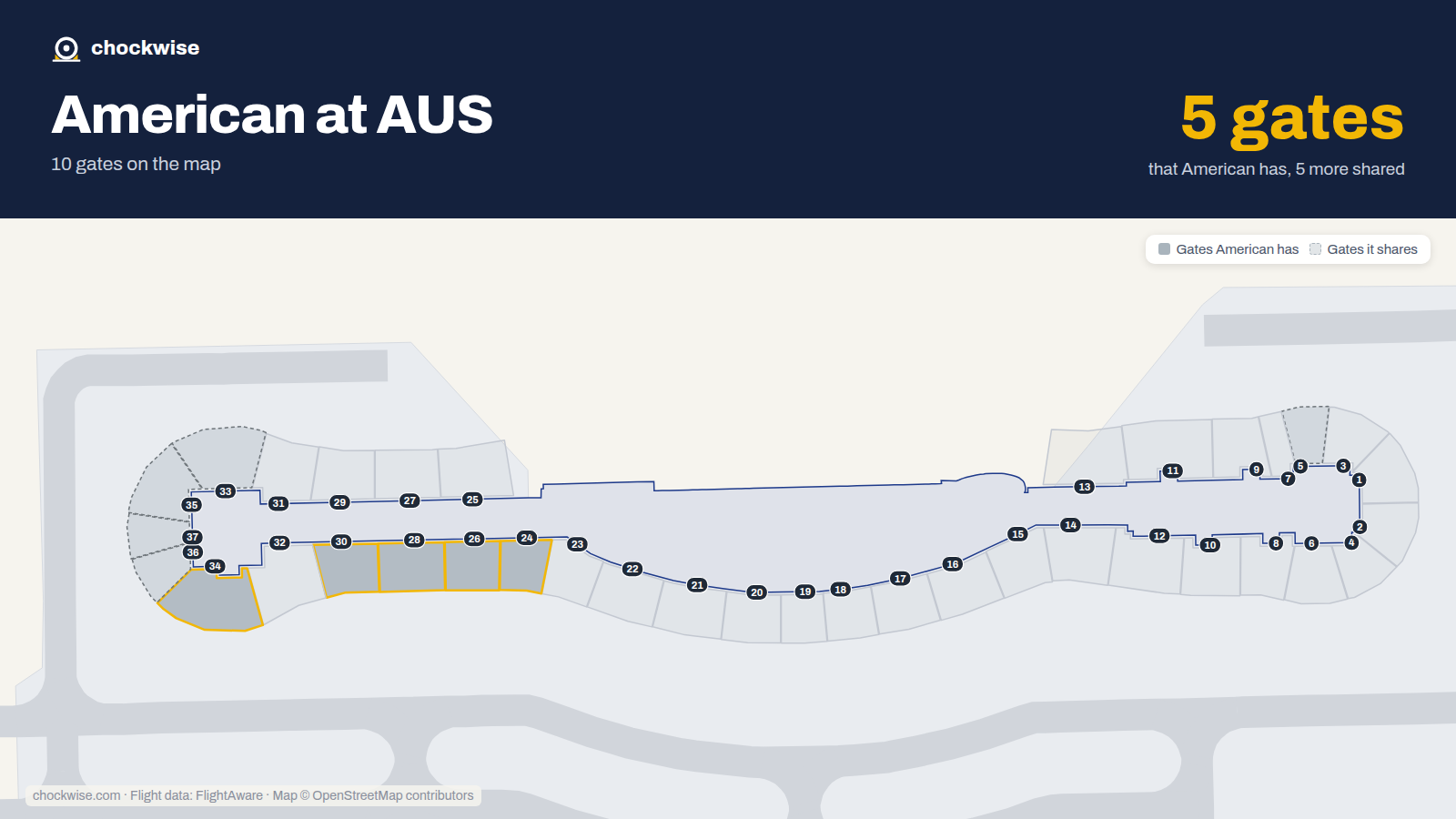 Map of AUS with the gates American Airlines uses highlighted: 24, 26, 28, 30 and 34.