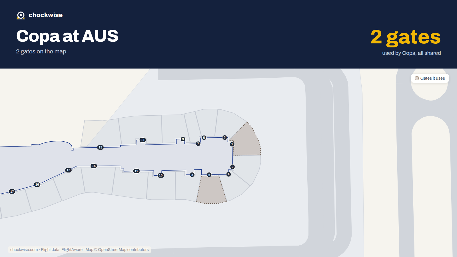 Map of AUS with the gates Copa Airlines uses highlighted: 1 and 6.