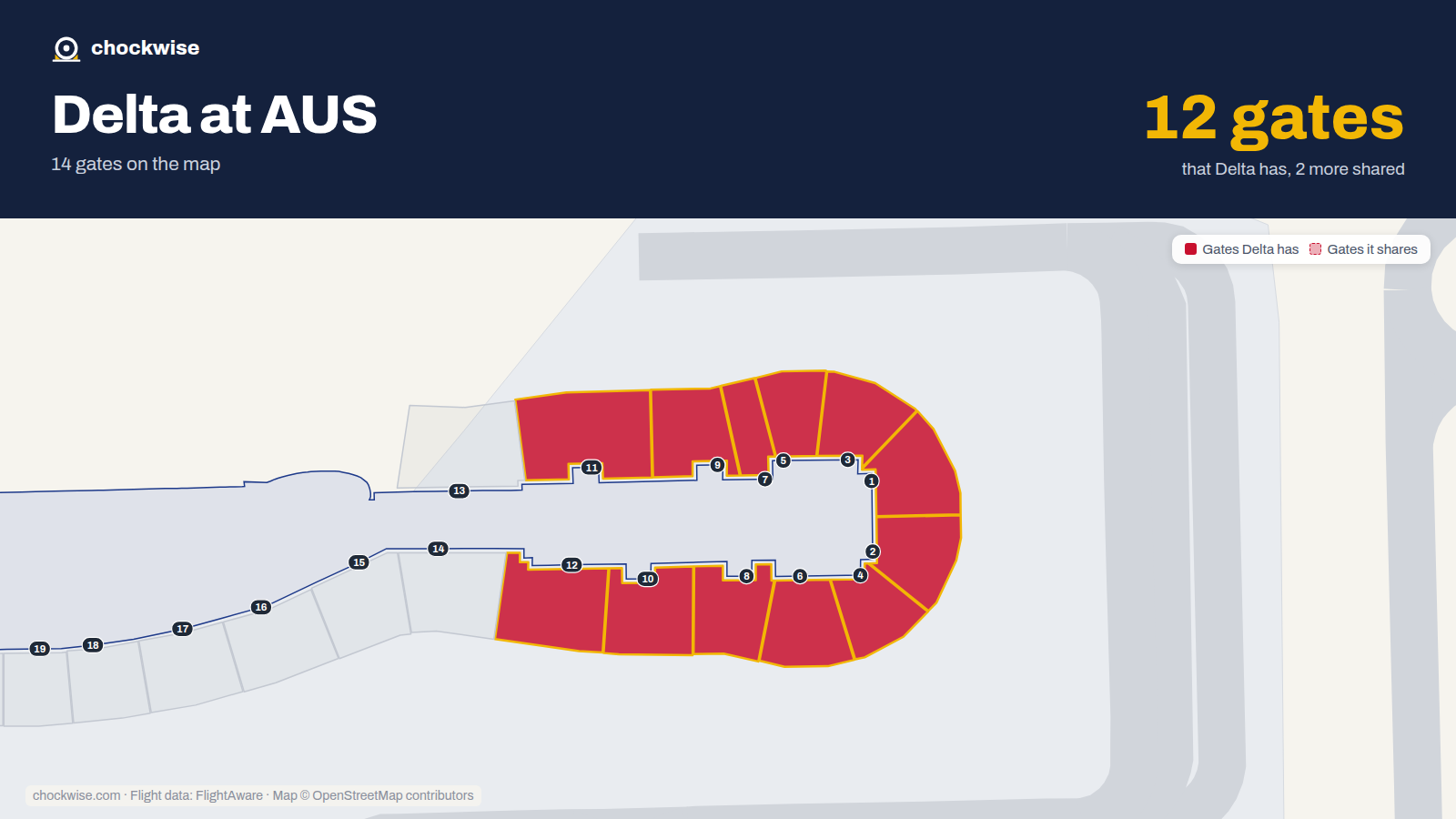 Map of AUS with the gates Delta Air Lines uses highlighted: 1, 2, 3, 4, 5, 6, 7, 8 and 4 more.