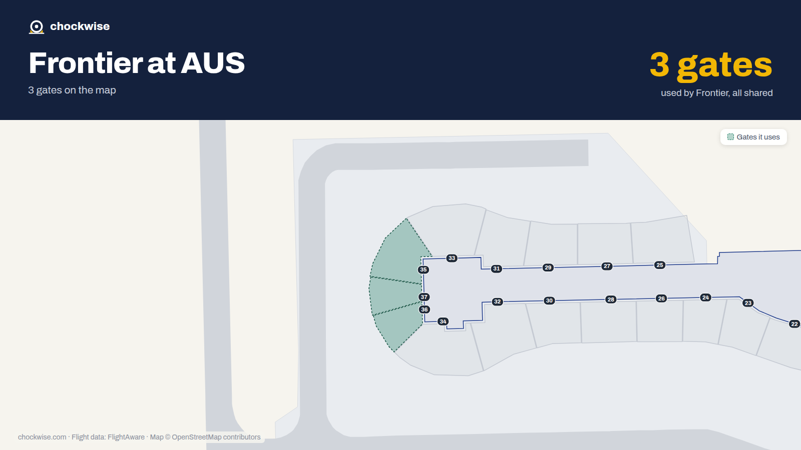 Map of AUS with the gates Frontier Airlines uses highlighted: 35, 36 and 37.