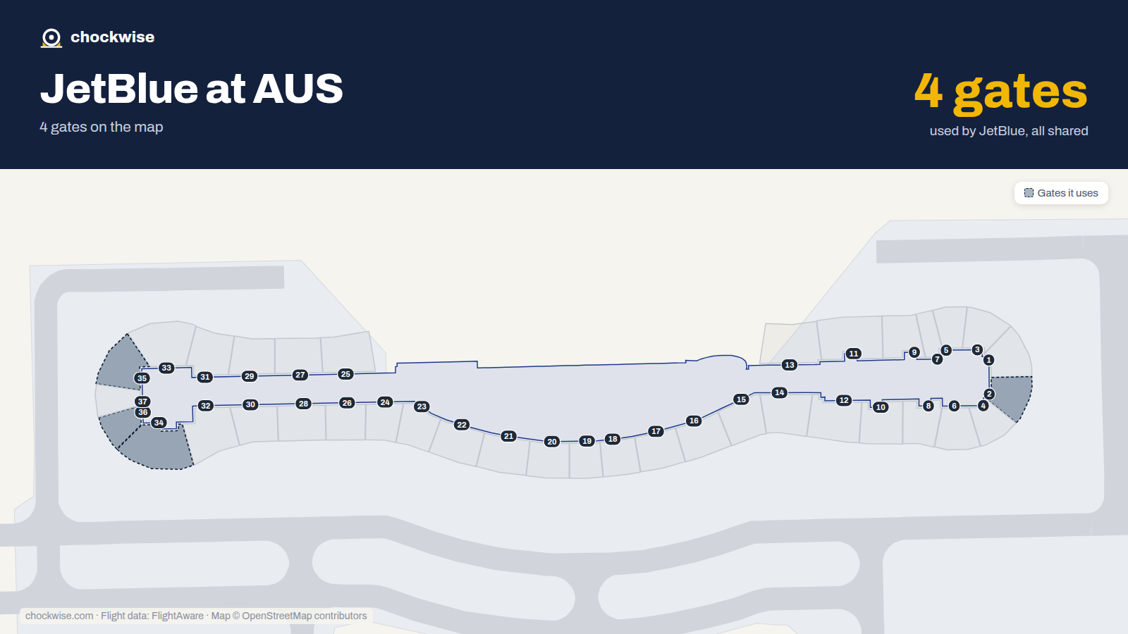 Map of AUS with the gates JetBlue uses highlighted: 2, 34, 35 and 36.