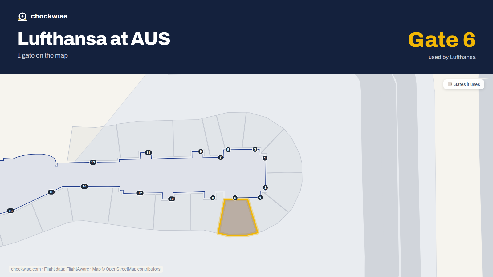Map of AUS with the gates Lufthansa uses highlighted: 6.