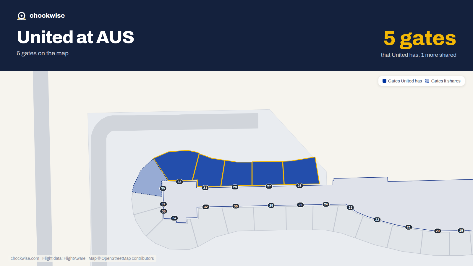 Map of AUS with the gates United Airlines uses highlighted: 25, 27, 29, 31 and 33.