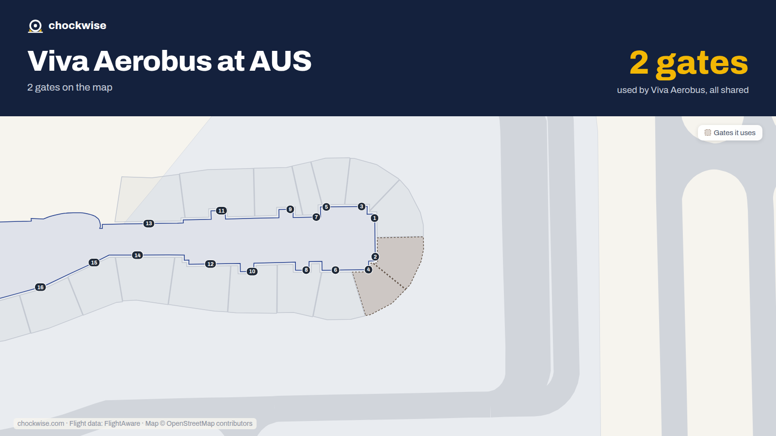 Map of AUS with the gates Viva Aerobus uses highlighted: 2 and 4.