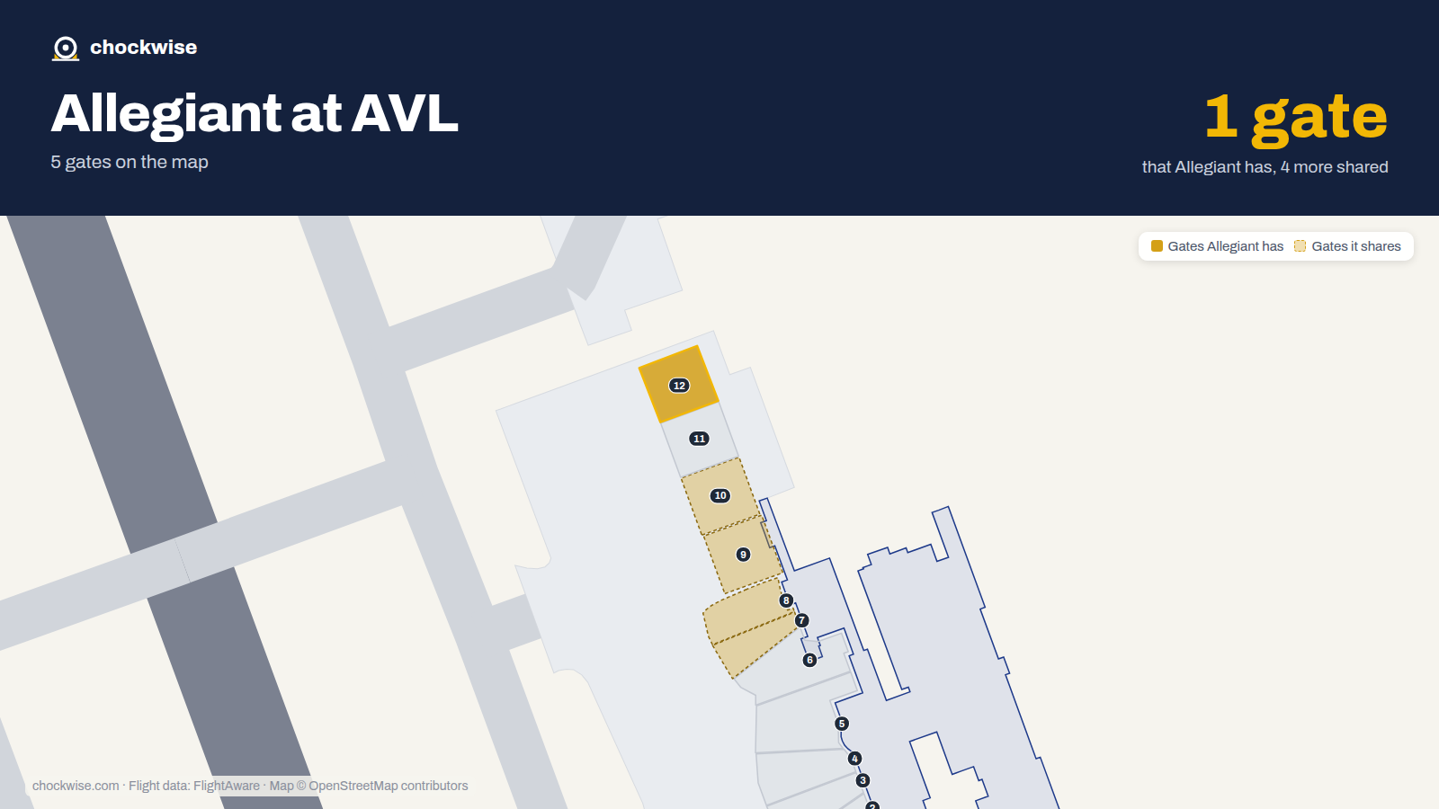 Map of AVL with the gates Allegiant Air uses highlighted: 12.