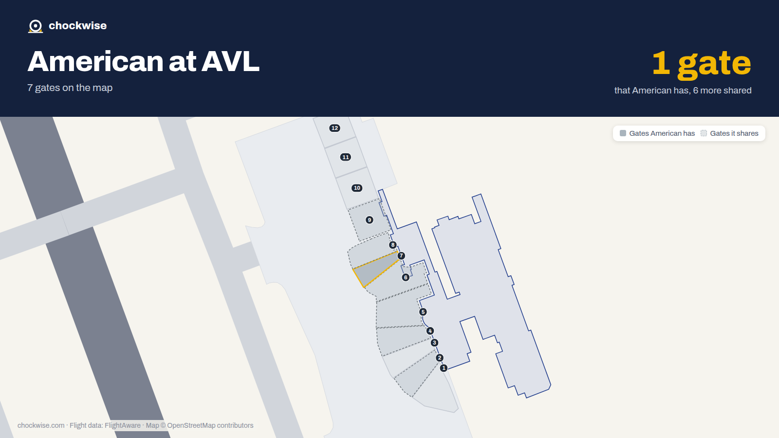 Map of AVL with the gates American Airlines uses highlighted: 7.
