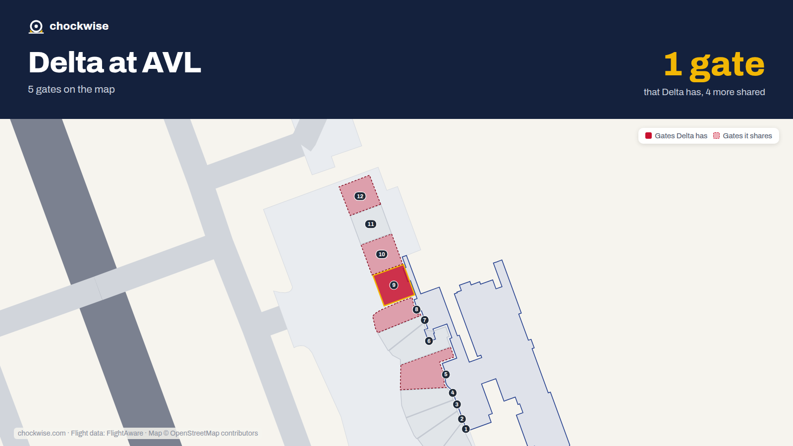 Map of AVL with the gates Delta Air Lines uses highlighted: 9.