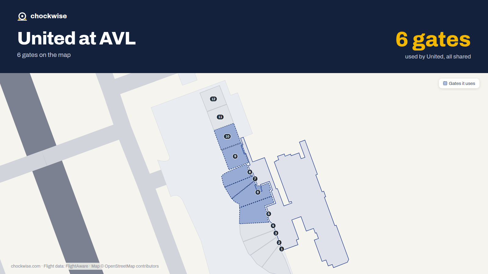 Map of AVL with the gates United Airlines uses highlighted: 5, 6, 7, 8, 9 and 10.
