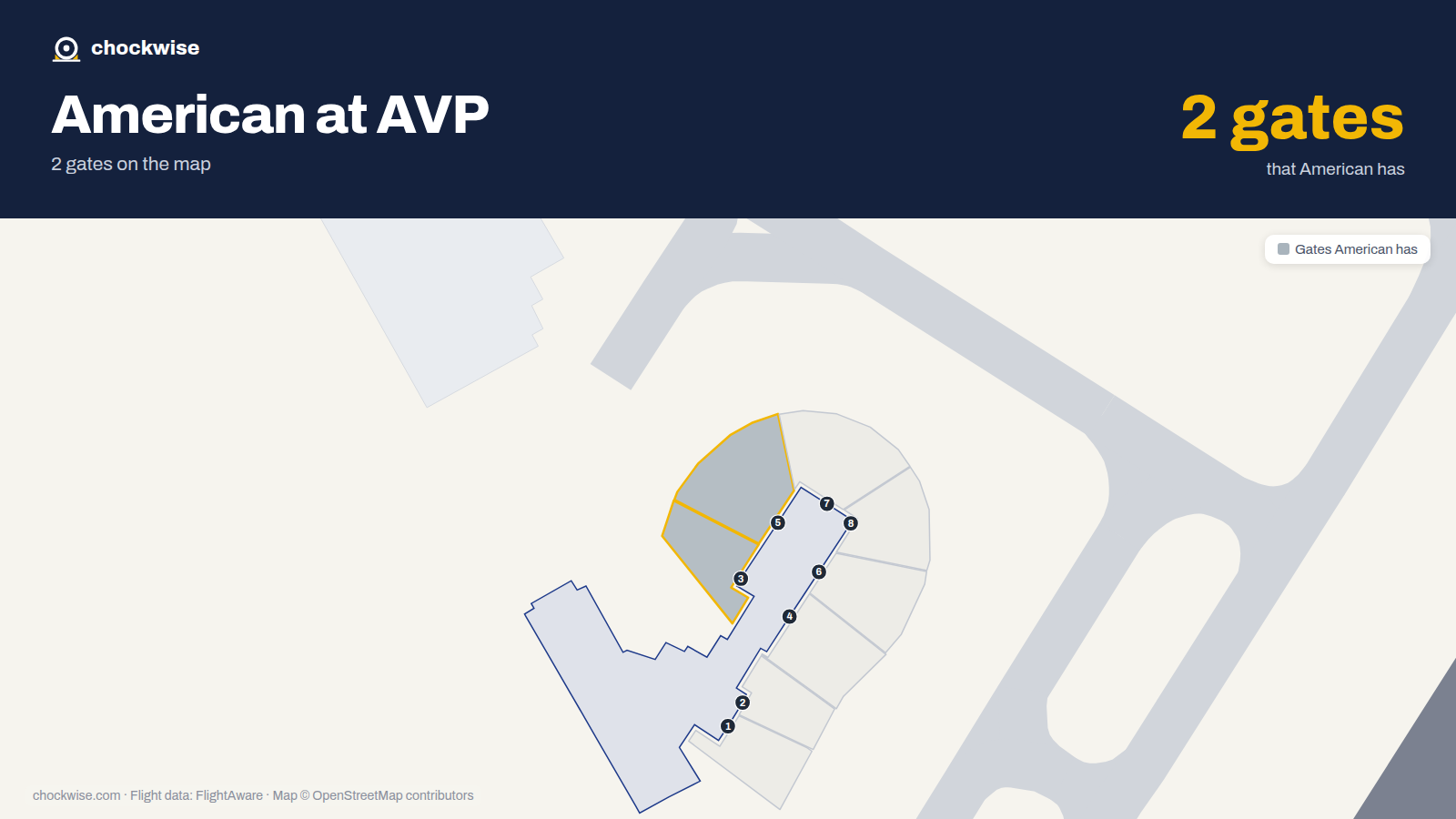 Map of AVP with the gates American Airlines uses highlighted: 3 and 5.