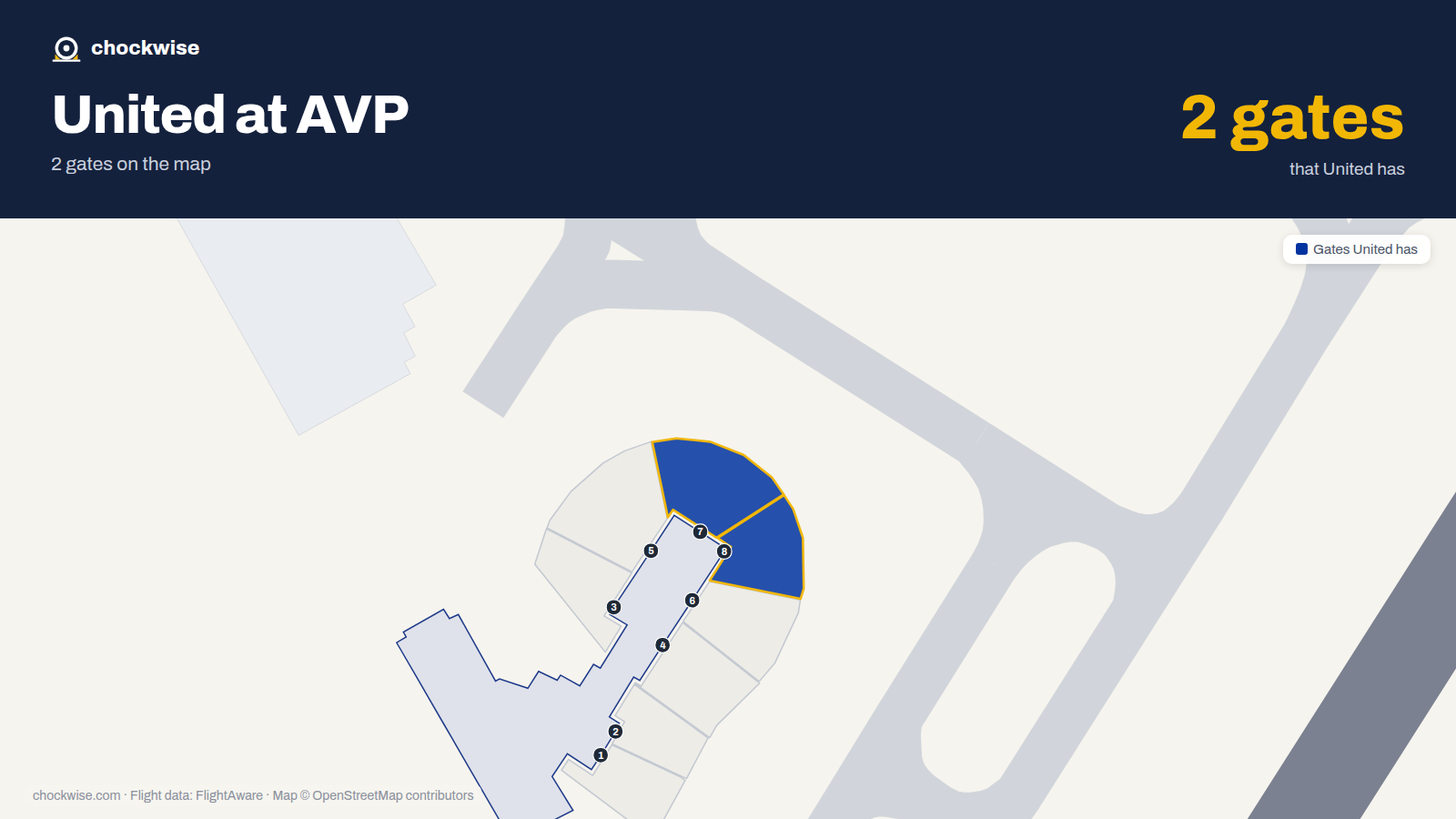 Map of AVP with the gates United Airlines uses highlighted: 7 and 8.