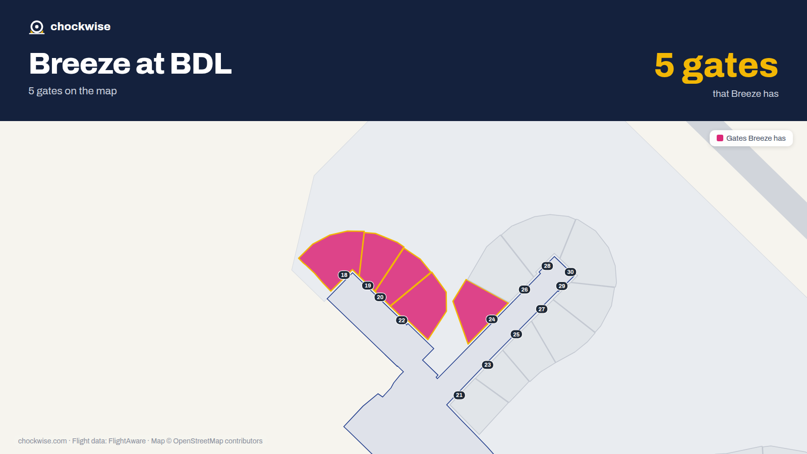 Map of BDL with the gates Breeze Airways uses highlighted: 18, 19, 20, 22 and 24.