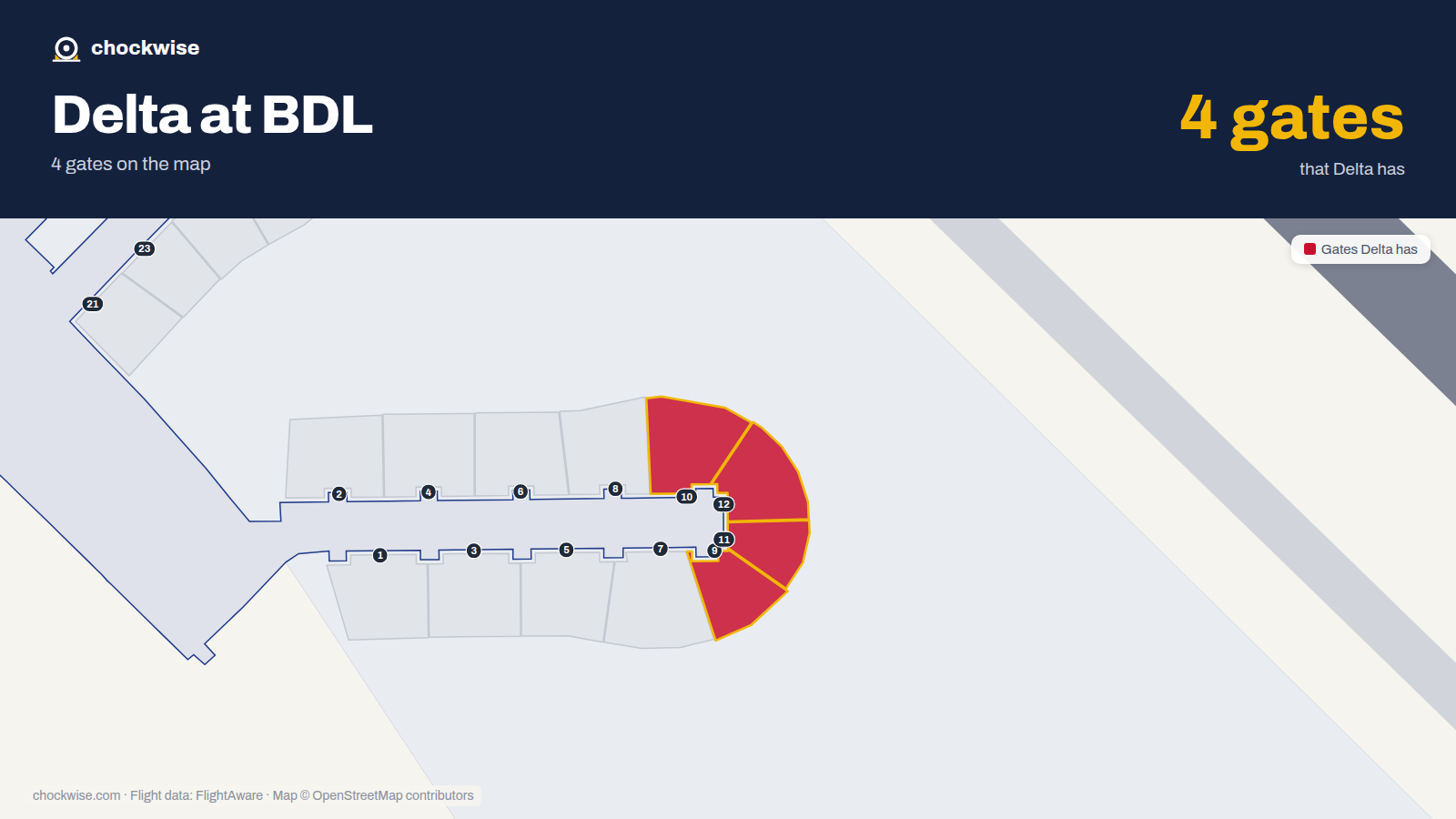 Map of BDL with the gates Delta Air Lines uses highlighted: 9, 10, 11 and 12.