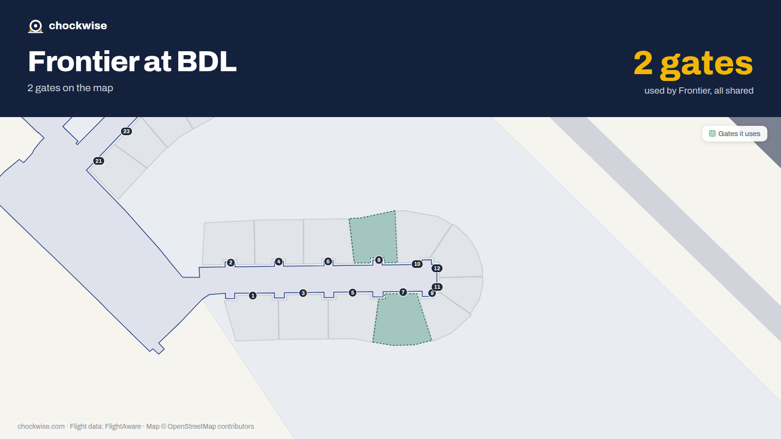 Map of BDL with the gates Frontier Airlines uses highlighted: 7 and 8.