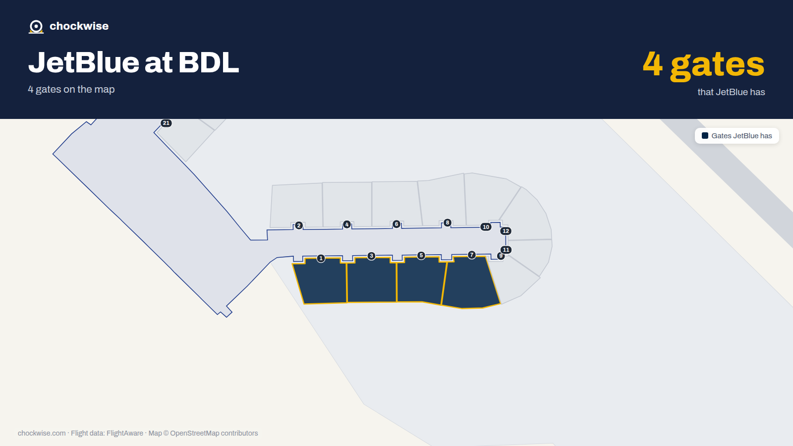 Map of BDL with the gates JetBlue uses highlighted: 1, 3, 5 and 7.