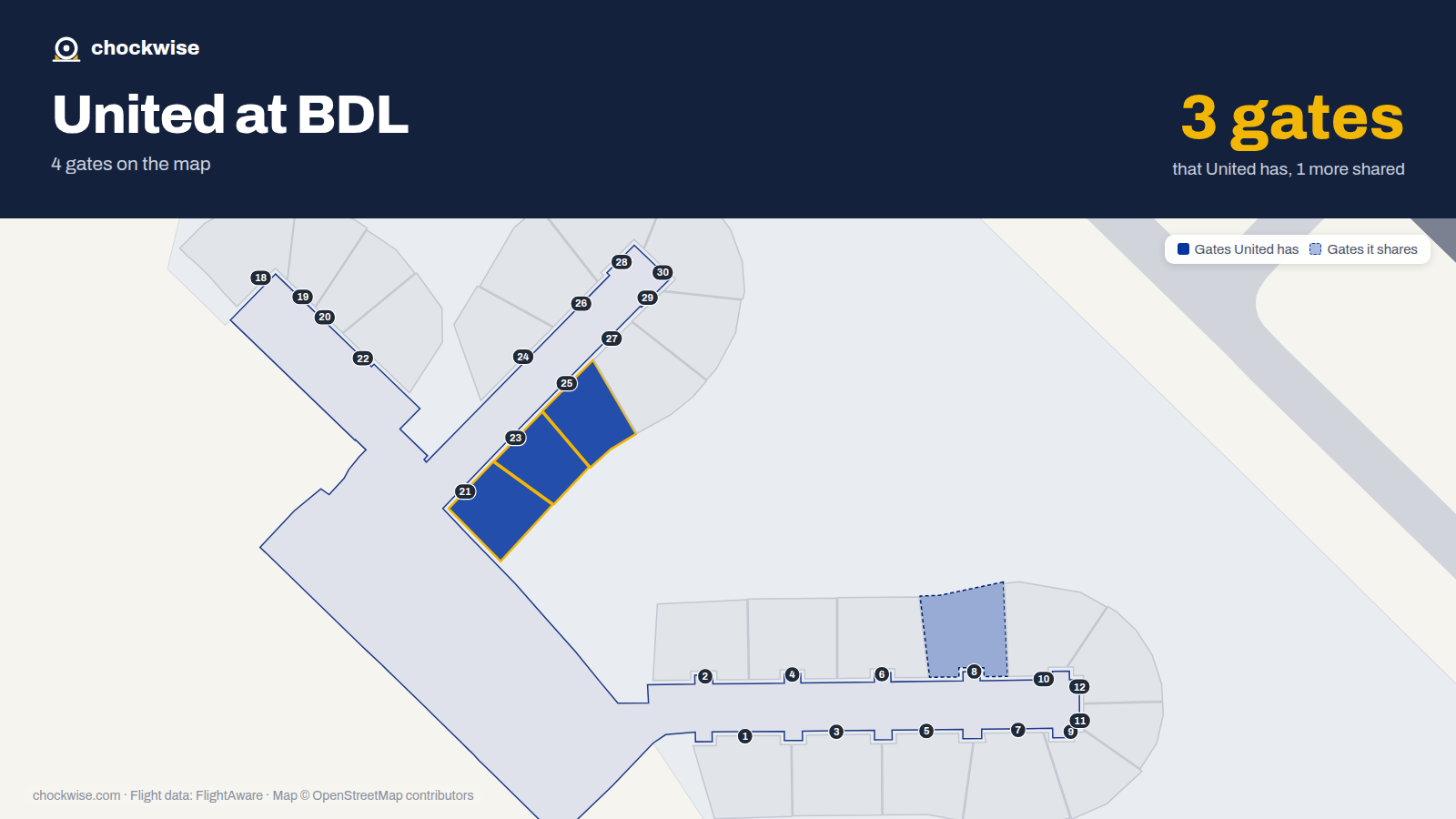 Map of BDL with the gates United Airlines uses highlighted: 21, 23 and 25.