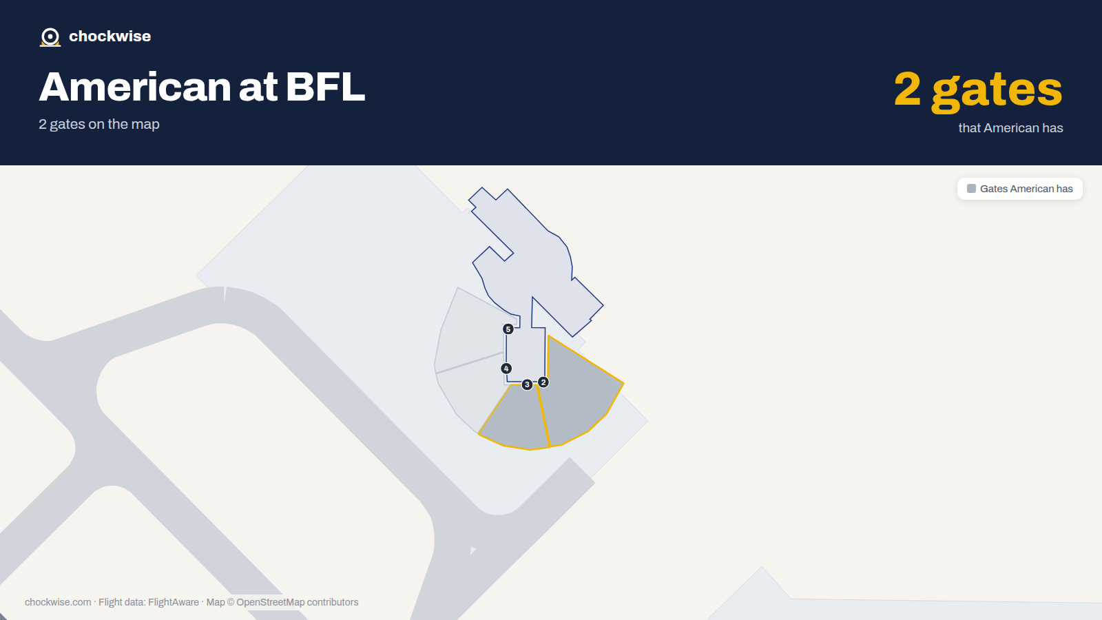 Map of BFL with the gates American Airlines uses highlighted: 2 and 3.