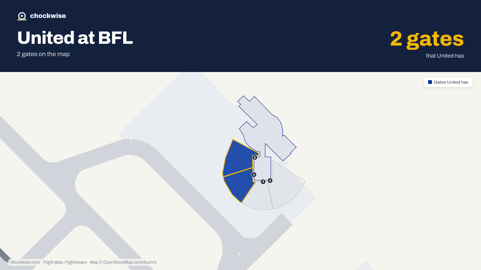 Map of BFL with the gates United Airlines uses highlighted: 4 and 5.