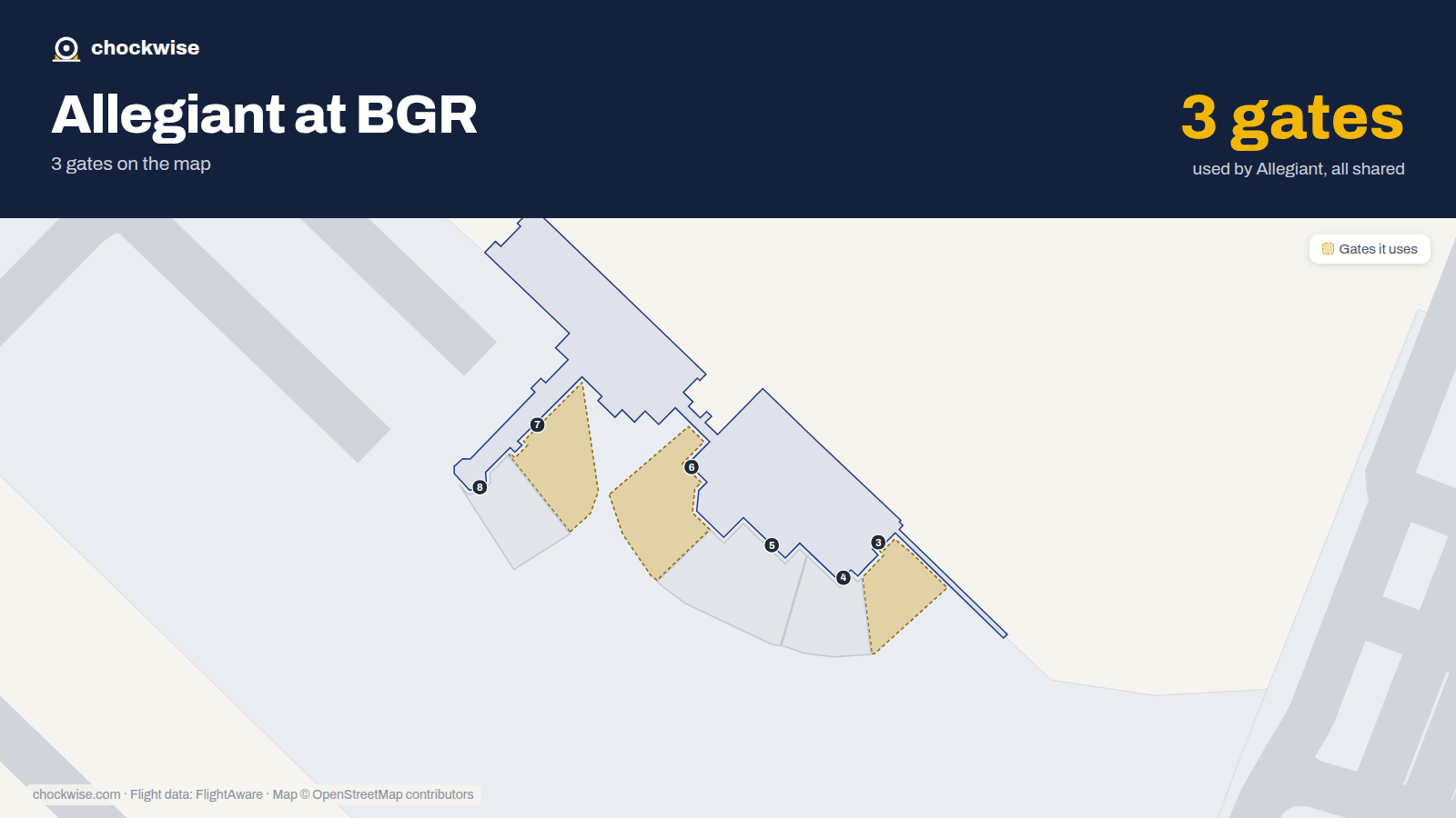 Map of BGR with the gates Allegiant Air uses highlighted: 3, 6 and 7.