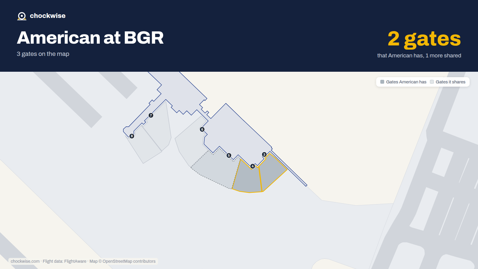 Map of BGR with the gates American Airlines uses highlighted: 3 and 4.