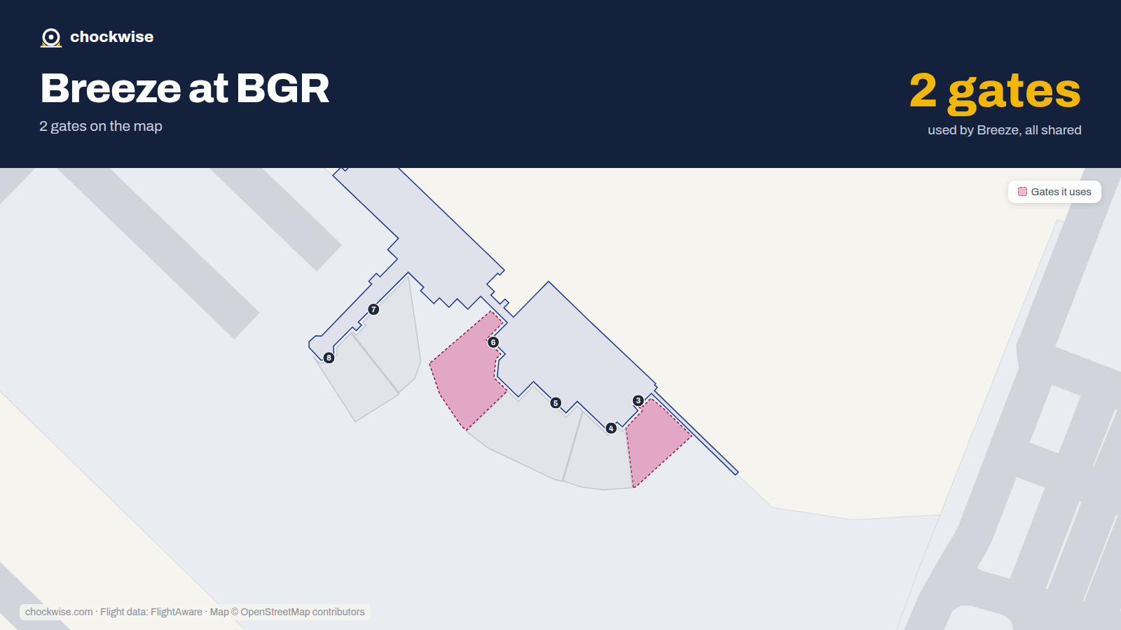 Map of BGR with the gates Breeze Airways uses highlighted: 3 and 6.