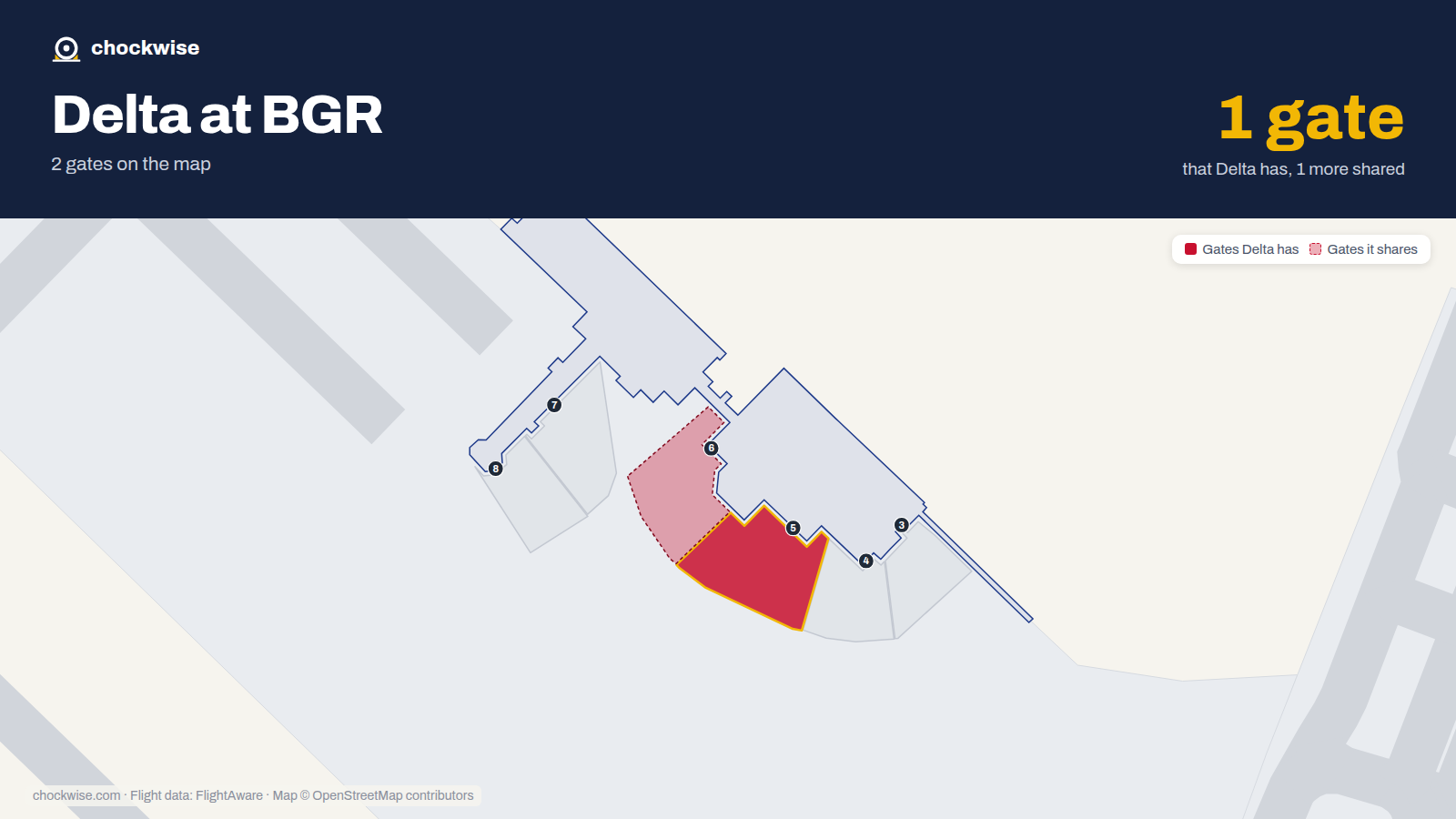 Map of BGR with the gates Delta Air Lines uses highlighted: 5.