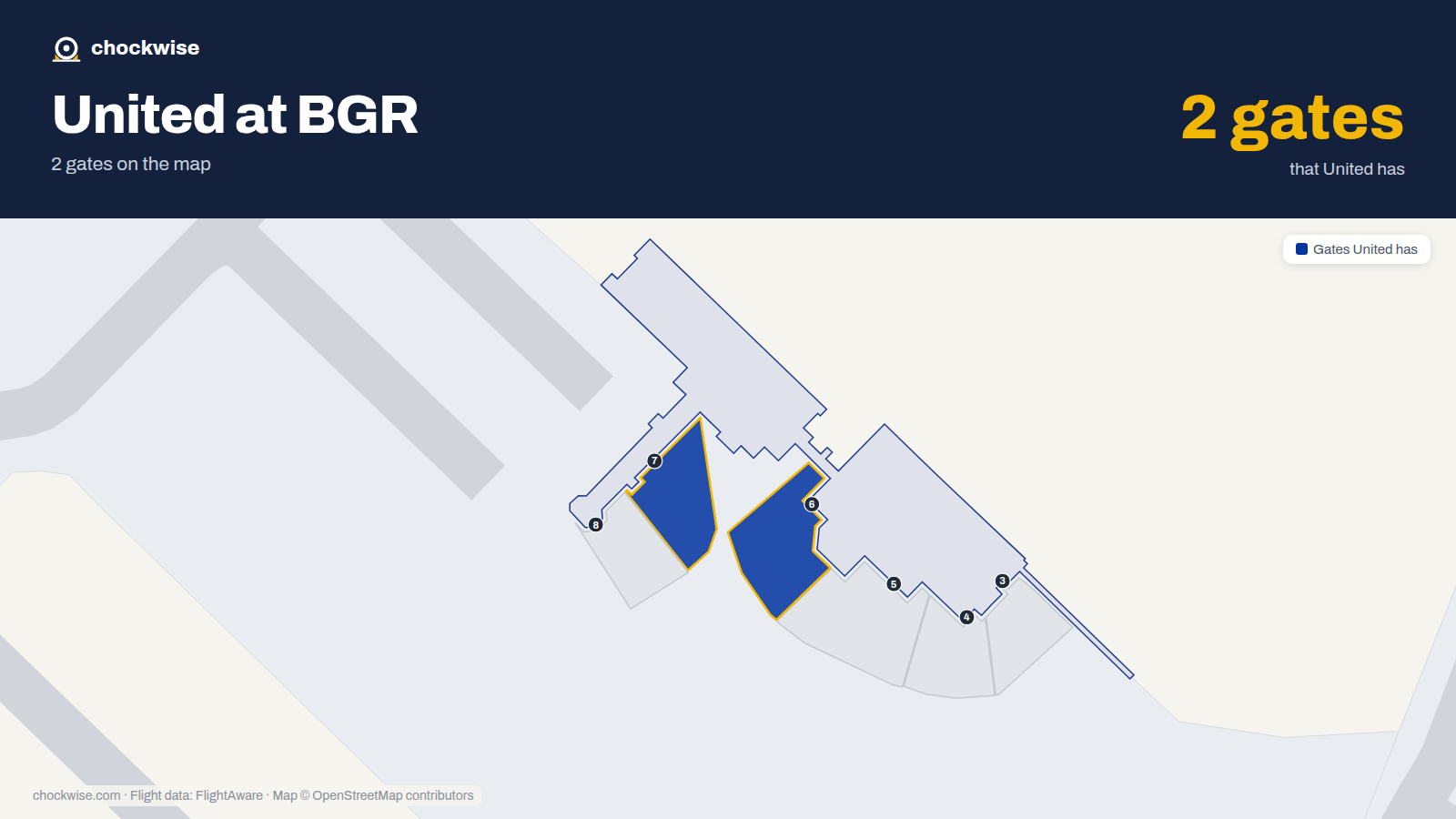 Map of BGR with the gates United Airlines uses highlighted: 6 and 7.