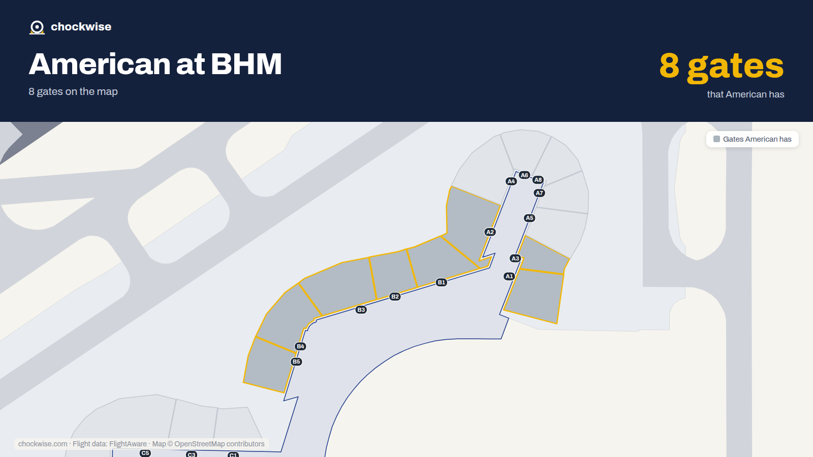 Map of BHM with the gates American Airlines uses highlighted: A1, B1, A2, B2, A3, B3, B4 and B5.