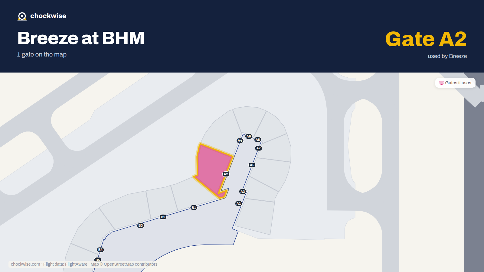 Map of BHM with the gates Breeze Airways uses highlighted: A2.