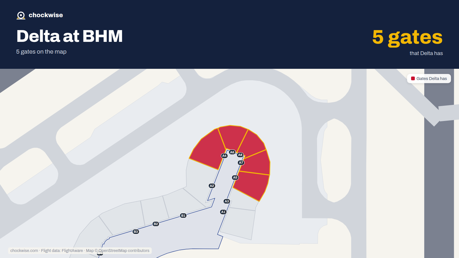 Map of BHM with the gates Delta Air Lines uses highlighted: A4, A5, A6, A7 and A8.