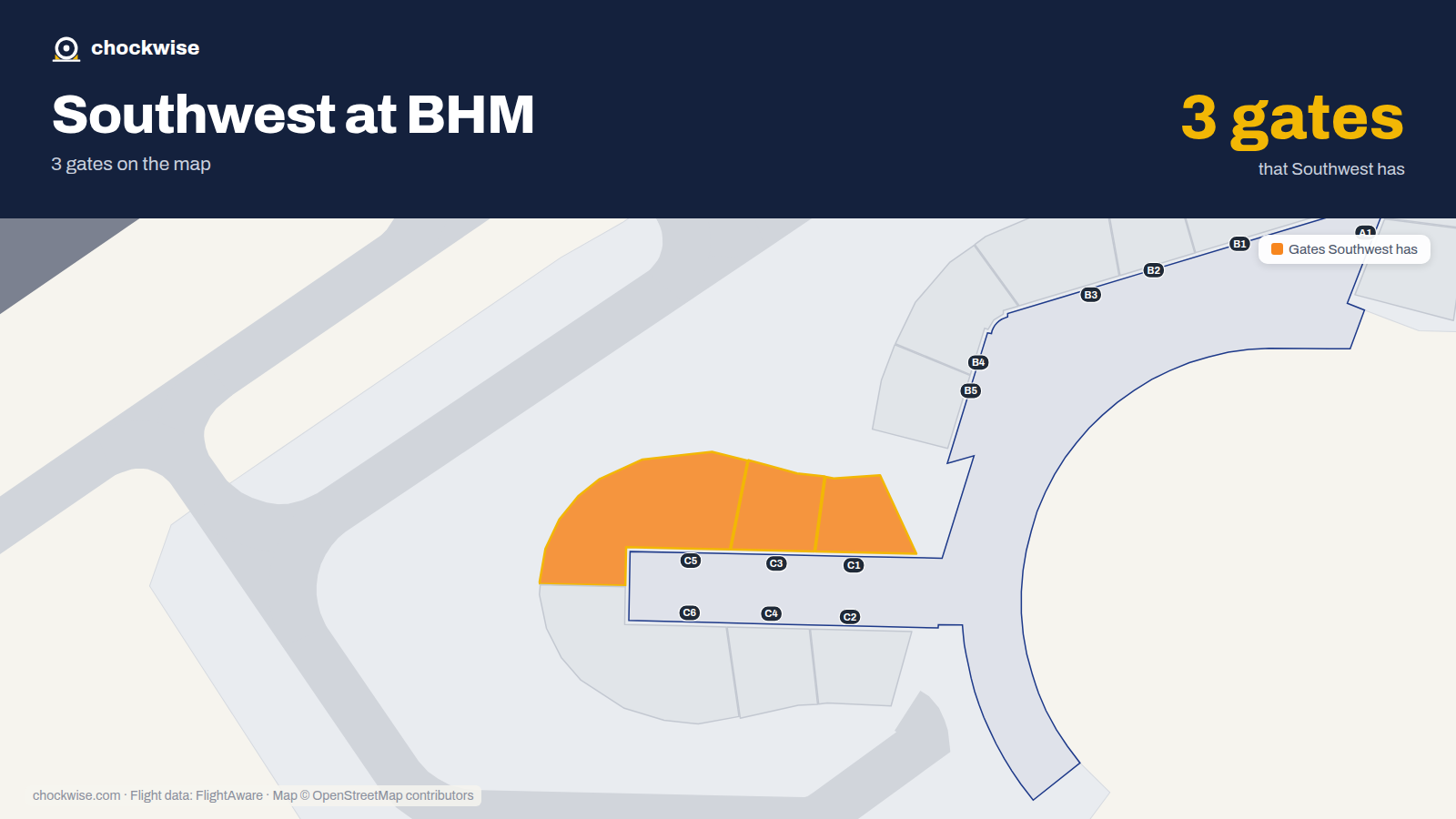 Map of BHM with the gates Southwest Airlines uses highlighted: C1, C3 and C5.