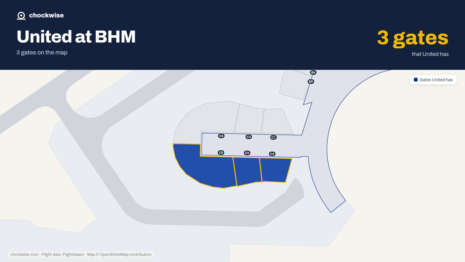Map of BHM with the gates United Airlines uses highlighted: C2, C4 and C6.