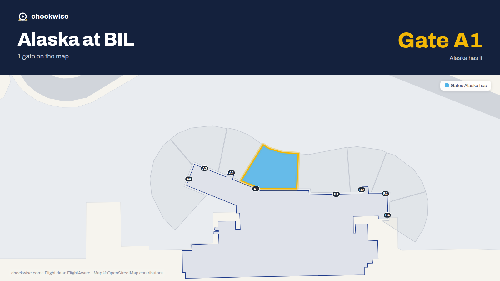 Map of BIL with the gates Alaska Airlines uses highlighted: A1.